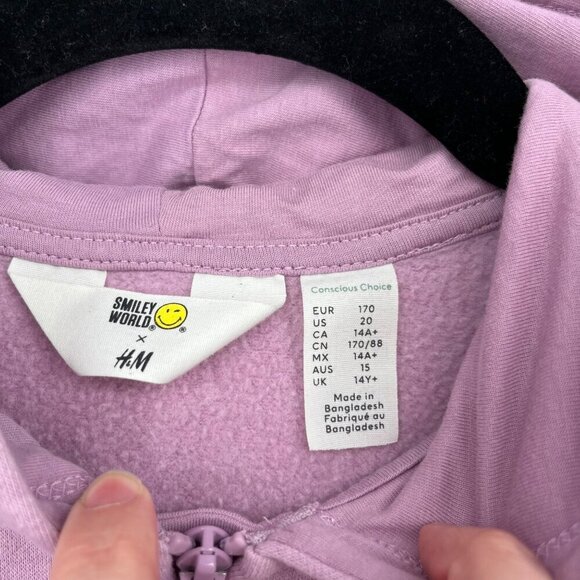 Smiley World x H&M Kids Oversized Graphic Full Zip Hoodie Size XL Purple Happy - Picture 14 of 16